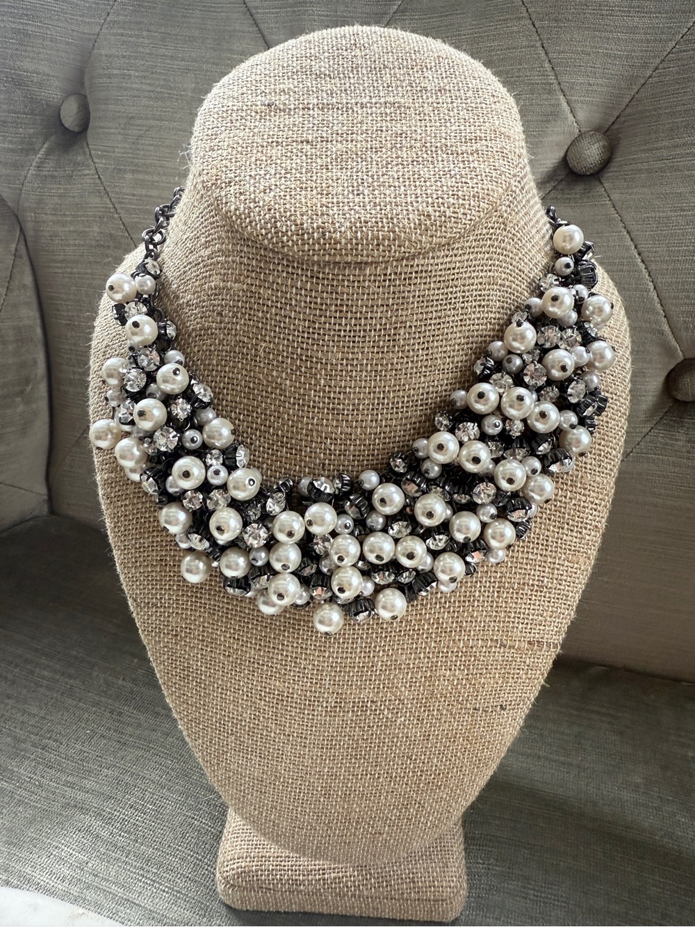 Premier Designs Pearl Rhinestone Gunmetal Cluster Bib Statement Collar Necklace